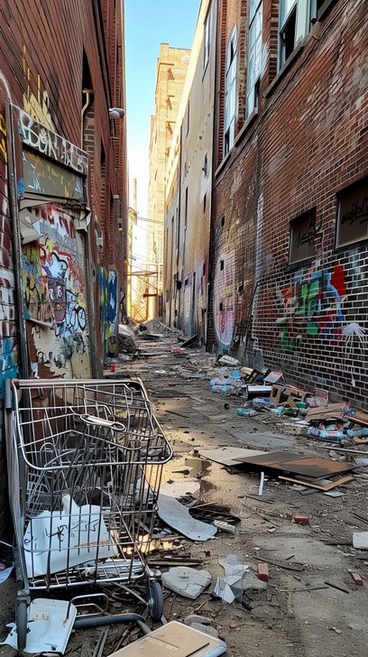 Uno stretto vicolo urbano disordinato con un carrello della spesa distrutto. Vicolo pieno di una grande quantità di rifiuti e detriti, che mostra abbandono.