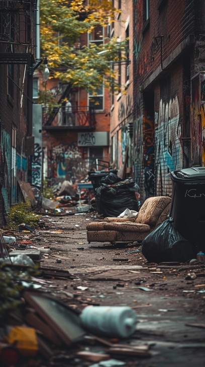 Nascosto lontano dalle vivaci strade della città, questo vicolo rivela il netto contrasto di abbandono in mezzo alla vita urbana. I bidoni della spazzatura traboccanti, i mobili scartati e una coperta di rifiuti creano un quadro cupo. Le pareti, adornate con strati di graffiti, raccontano storie silenziose degli artisti effimeri che passano. Questa immagine, che cattura la convergenza dell'arte e del decadimento, serve come toccante promemoria degli angoli spesso trascurati degli ambienti urbani.
