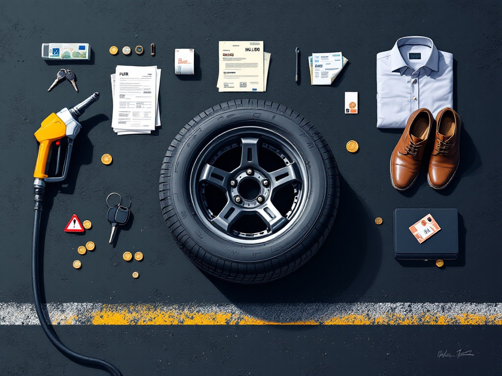 Flat lay simbolico con pneumatico usurato, pompa di carburante, scontrini, scarpe da ufficio e camicia con cartellino: tutte le voci di costo che sommi nell'articolo.