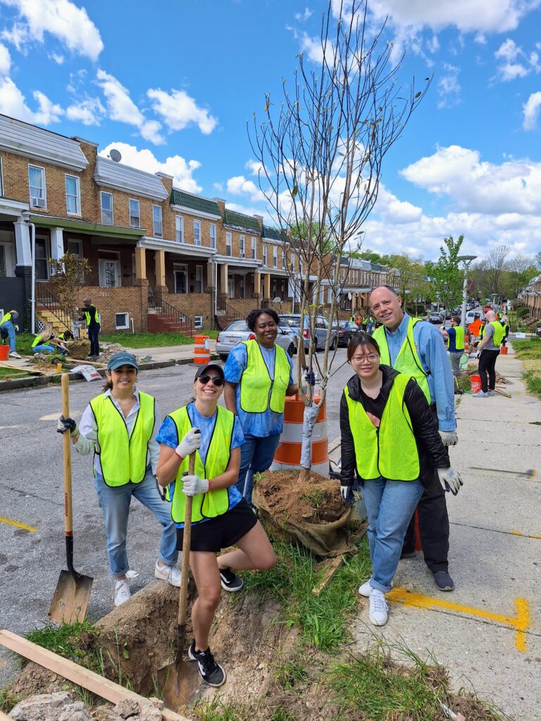 Volontari della comunità che piantano alberi insieme, nella piazza di quartiere