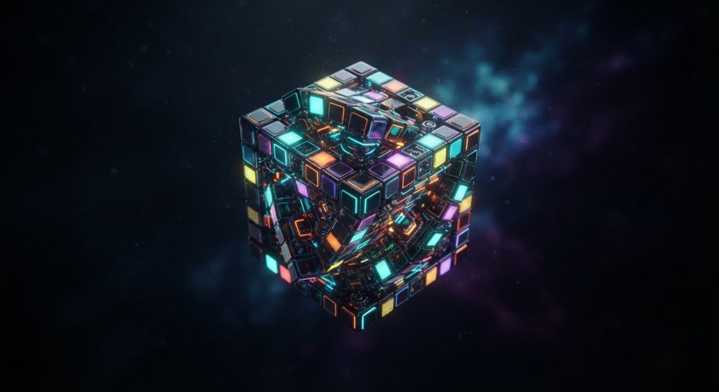 Cubo rubiks ipercomplesso sfondo scuro minimalista, puzzle cubo geometrico illuminazione cinematografica, concetto astratto di cubo multidimensionale