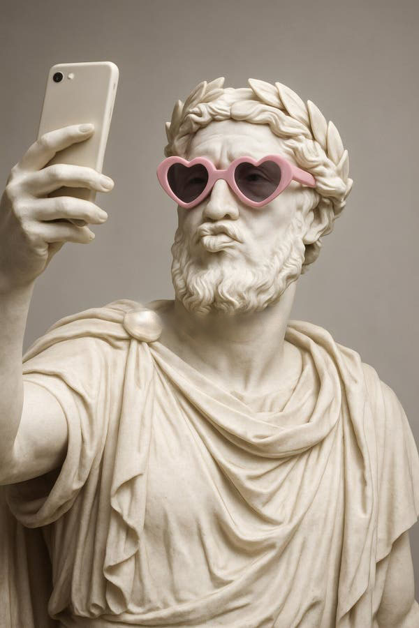 marmo-statua-occhiali-cuore-selfie-telefono-arte-classica-incontra-tecnologia-moderna-busto