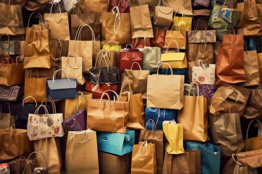 Mucchio di borse della spesa colorate. Consumo eccessivo e shopaholism.