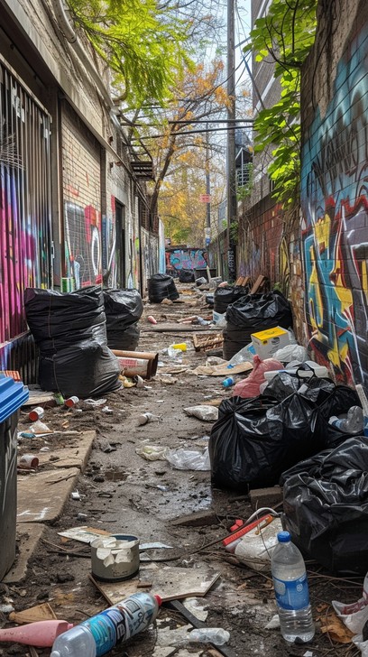 Un vicolo pieno di graffiti è ingombro di sacchi della spazzatura e detriti sotto una volta di alberi.