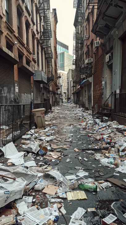 Uno stretto vicolo urbano disordinato pieno di una grande quantità di rifiuti e detriti, che mostra abbandono.